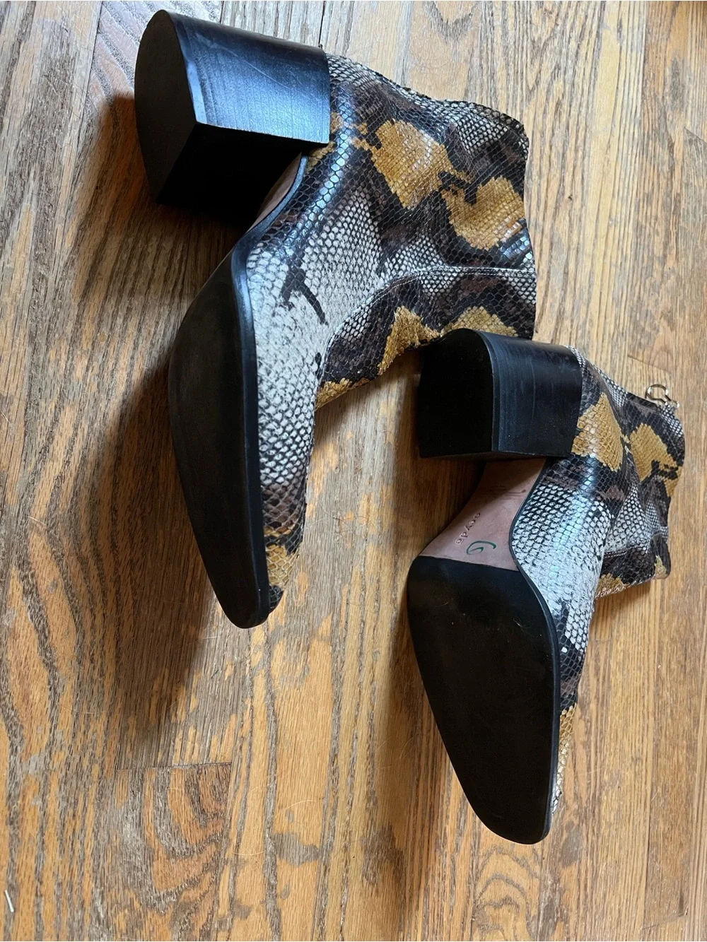 Aeyde Snake-Print Women’s Ankle Boots in brown, black, yellow size 42 or 11 US